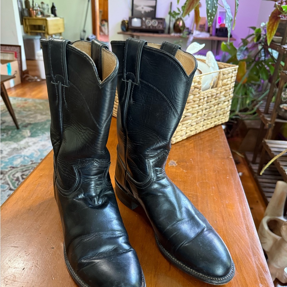 Justin Boots Black Cowboy Western Boots Durable Leather